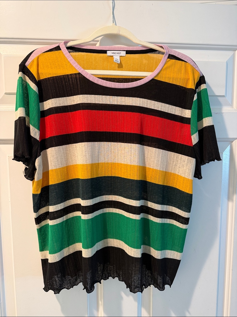 Nine West Multicolor Striped Short Sleeve Top Slightly Sheer XL